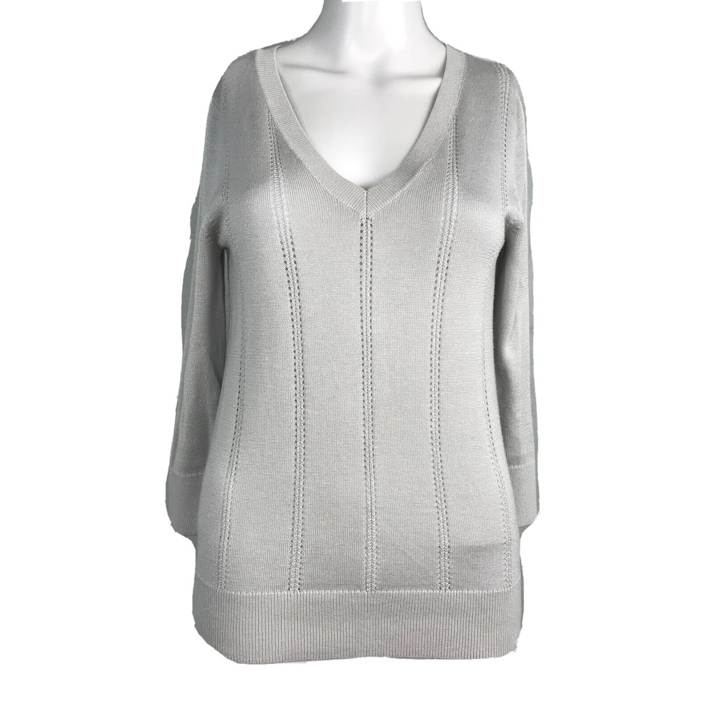 Banana Republic Sweater Womens Sz XS Light Gray Soft V Neck Stitch Detail